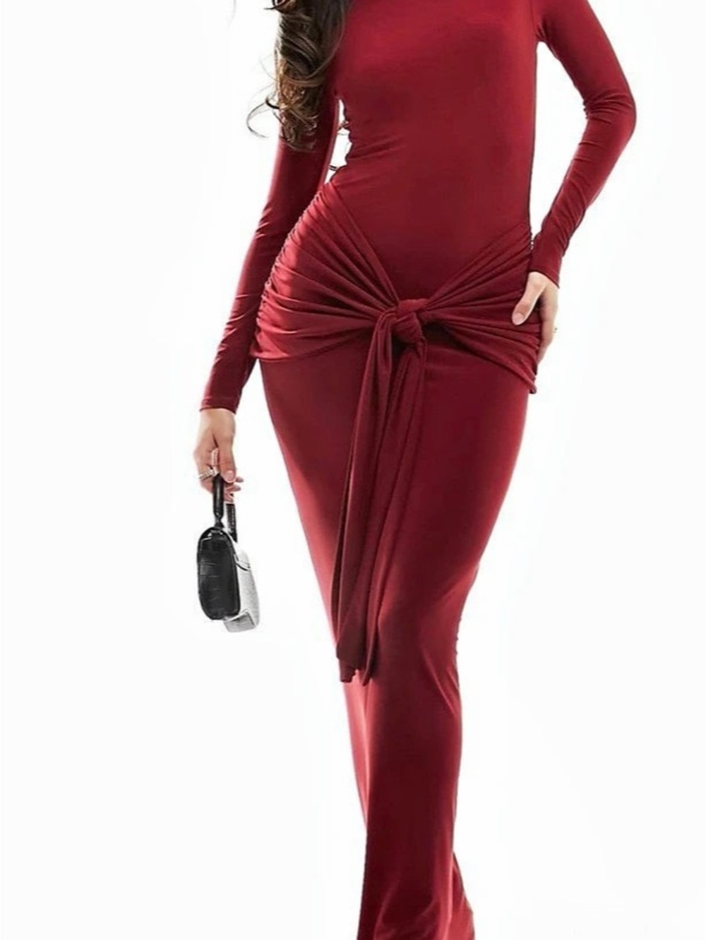 ASOS DESIGN satin long sleeved tie detail maxi dress in burgundy Sleeve Tie